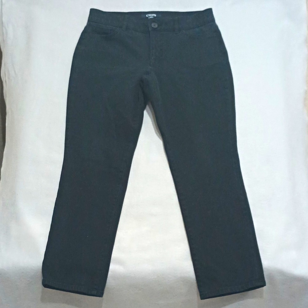 Chaps Womens Black Solid Ankle Pants Flat Front Button Pockets Size 8